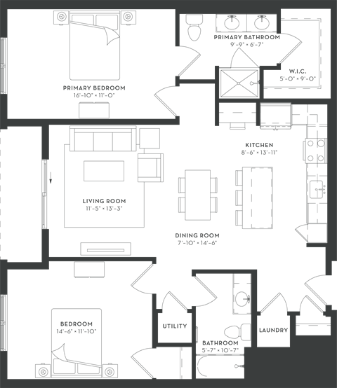 Floor plan for 2 beds, 2 baths, 1140 sqft