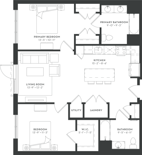 Floor plan for 2 beds, 2 baths, 1164 sqft