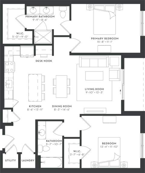 Floor plan for 2 beds, 2 baths, 1172 sqft
