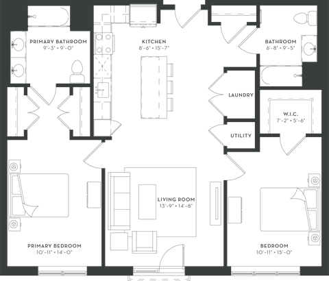 Floor plan for 2 beds, 2 baths, 1176 sqft