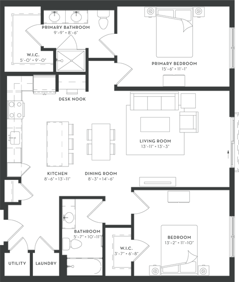 Floor plan for 2 beds, 2 baths, 1216 sqft