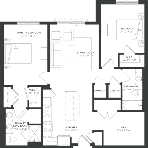 Floor plan for 2 beds, 2 baths, 1188 sqft