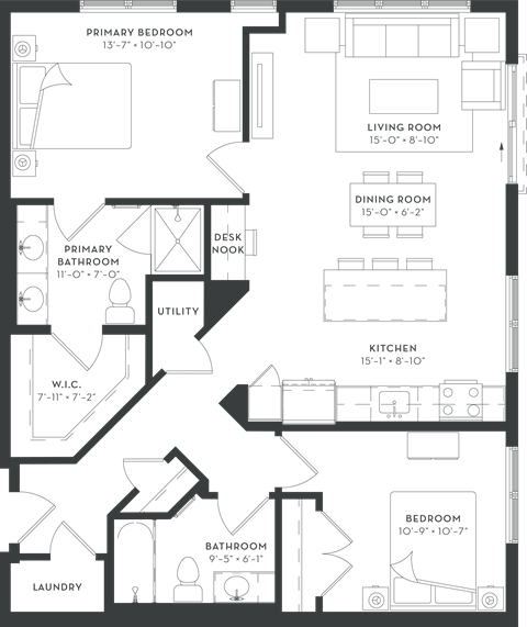 Floor plan for 2 beds, 2 baths, 1088 sqft