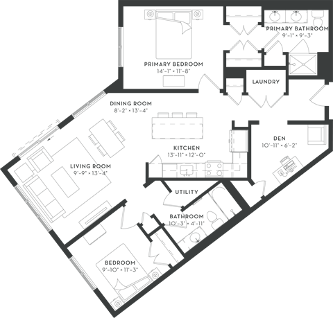 Floor plan for 2 beds, 2 baths, 1254 sqft
