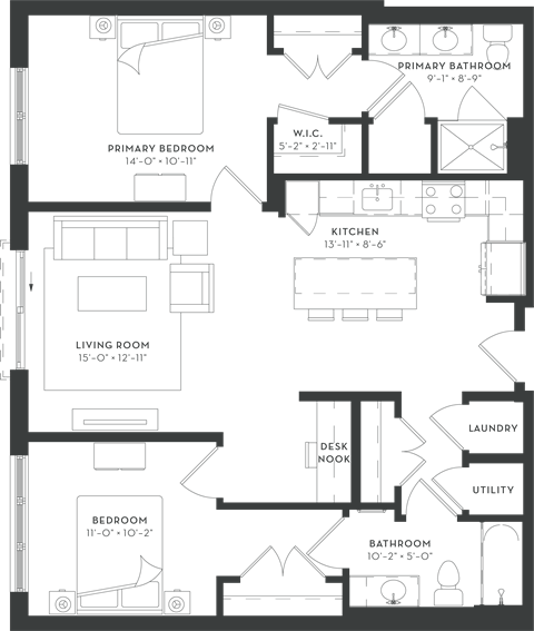 Floor plan for 2 beds, 2 baths, 1089 sqft