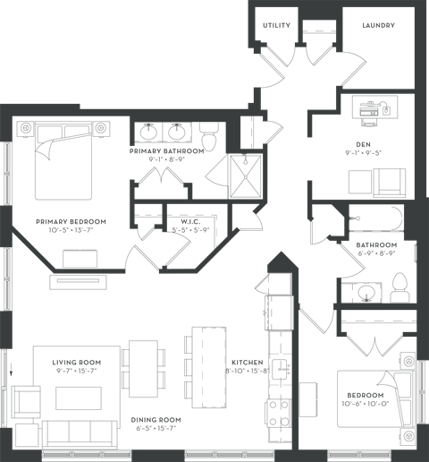 Floor plan for 2 beds, 2 baths, 1298 sqft