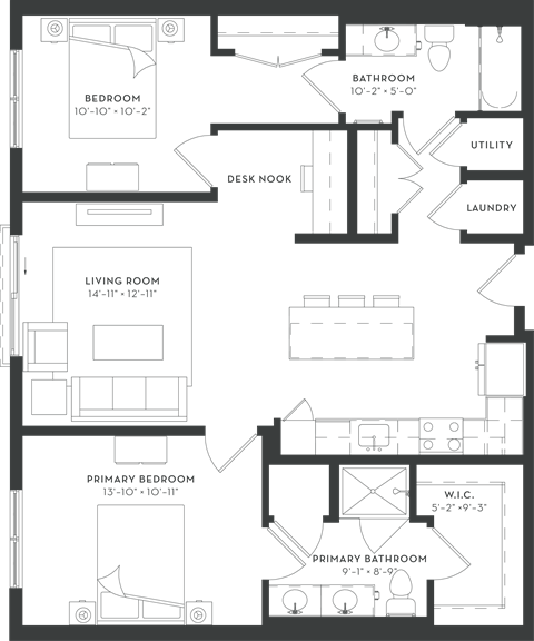 Floor plan for 2 beds, 2 baths, 1089 sqft
