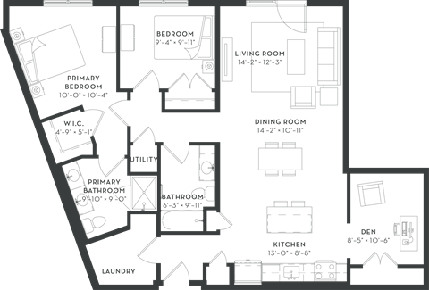 Floor plan for 2 beds, 2 baths, 1309 sqft