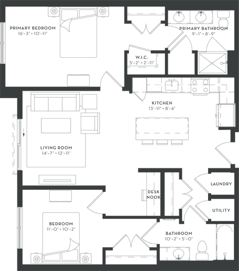 Floor plan for 2 beds, 2 baths, 1097 sqft