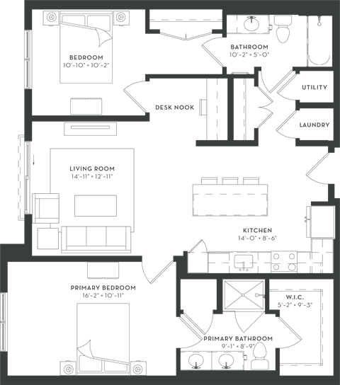 Floor plan for 2 beds, 2 baths, 1097 sqft