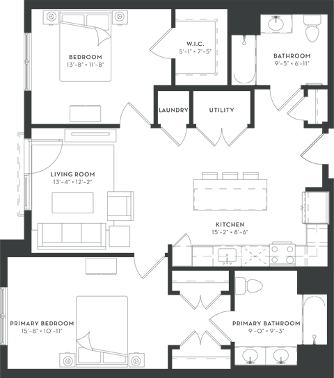 Floor plan for 2 beds, 2 baths, 1104 sqft