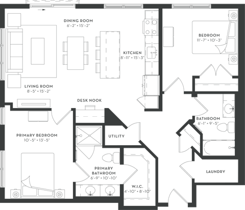 Floor plan for 2 beds, 2 baths, 1116 sqft
