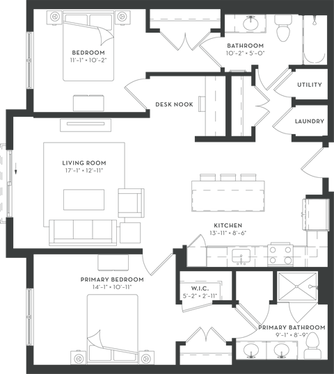 Floor plan for 2 beds, 2 baths, 1127 sqft