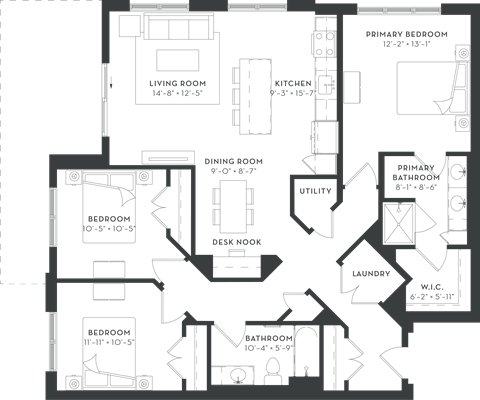 Floor plan for 3 beds, 2 baths, 1387 sqft