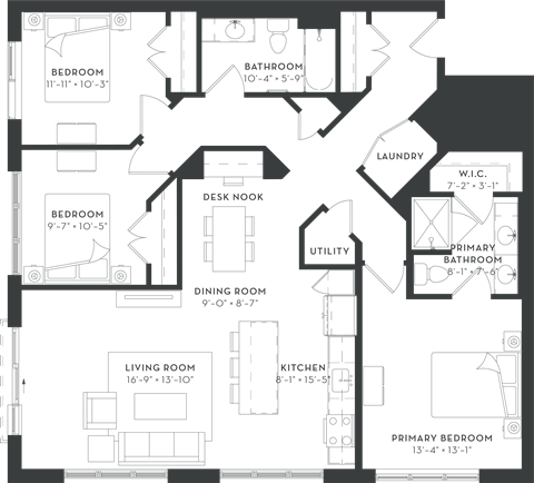 Floor plan for 3 beds, 2 baths, 1405 sqft