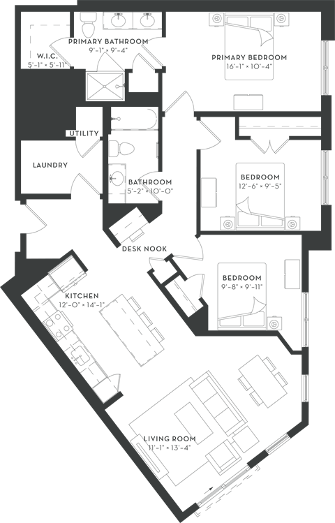 Floor plan for 3 beds, 2 baths, 1409 sqft