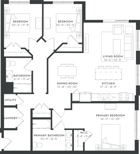 Floor plan for 3 beds, 2 baths, 1424 sqft