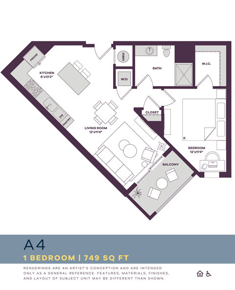 Floor plan for 1 bed, 1 bath, 749 sqft