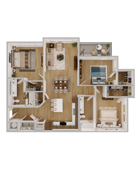 Floor plan for 3 beds, 2 baths, 1338 sqft