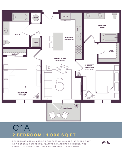 Floor plan for 2 beds, 2 baths, 1006 sqft