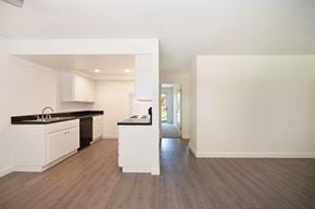 Carlsbad apartment for rent - an empty kitchen with white cabinets and a black counter top
