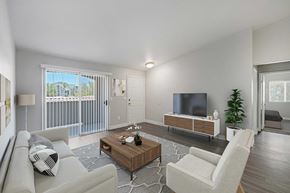 Las Vegas apartment for rent - A living room with a grey couch, a wooden coffee table, and a television.
