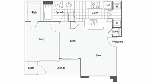Floor plan for 1 bed, 1 bath, 759 sqft