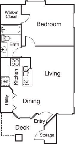Floor plan for 1 bed, 1 bath, 635 sqft