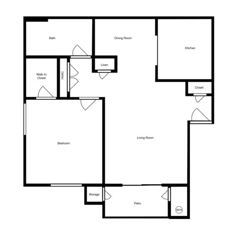 Floor plan for 1 bed, 1 bath, 636 sqft