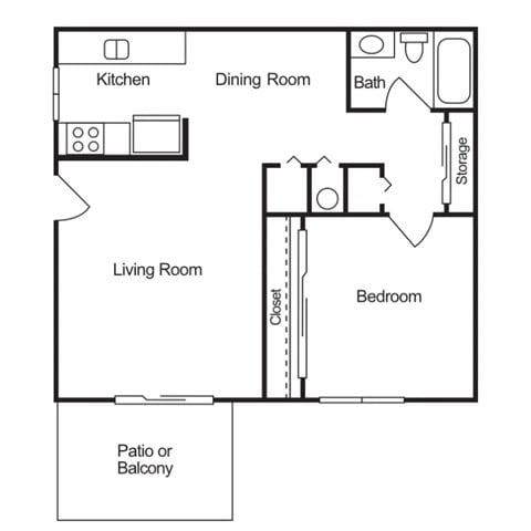 Floor plan for 1 bed, 1 bath, 660 sqft