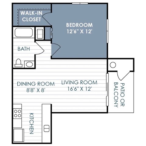 Floor plan for 1 bed, 1 bath, 665 sqft