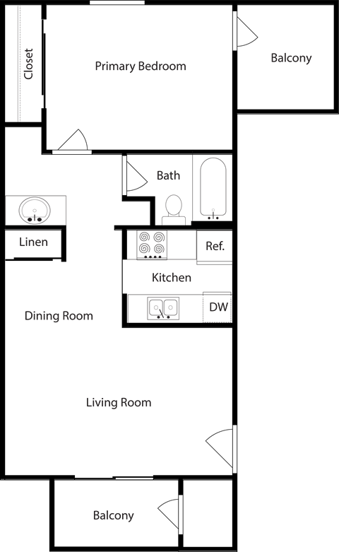 Floor plan for 1 bed, 1 bath, 611 sqft