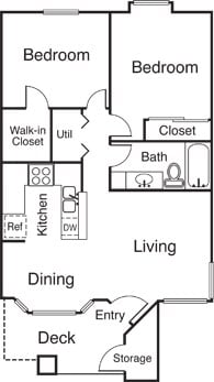 Floor plan for 2 beds, 1 bath, 750 sqft