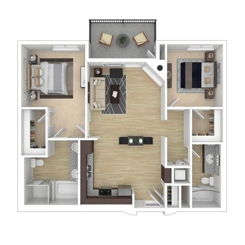 Floor plan for 2 beds, 2 baths, 1064 sqft