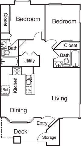 Floor plan for 2 beds, 2 baths, 854 sqft