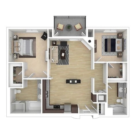 Floor plan for 2 beds, 2 baths, 1343 sqft