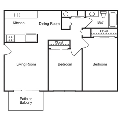 Floor plan for 2 beds, 1 bath, 816 sqft