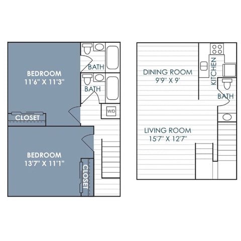 Floor plan for 2 beds, 2.5 baths, 1200 sqft