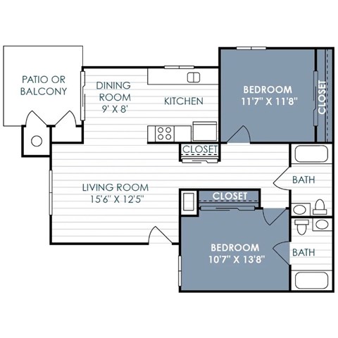 Floor plan for 2 beds, 2 baths, 950 sqft