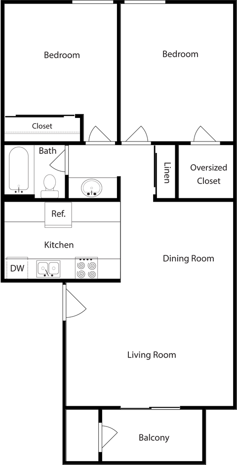 Floor plan for 2 beds, 1 bath, 850 sqft