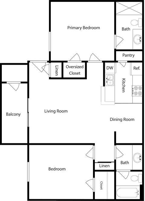 Floor plan for 2 beds, 2 baths, 900 sqft