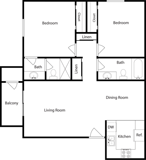 Floor plan for 2 beds, 2 baths, 969 sqft