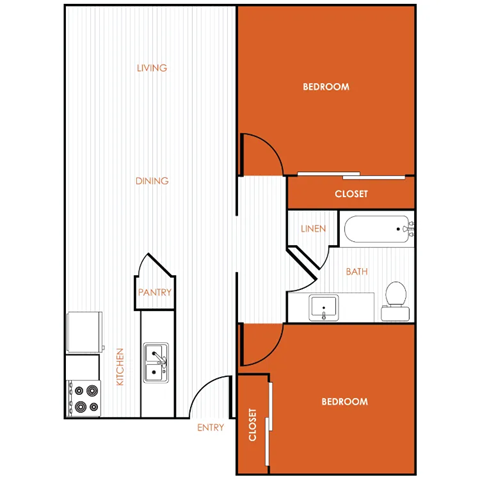 Floor plan for 2 beds, 1 bath, 880 sqft