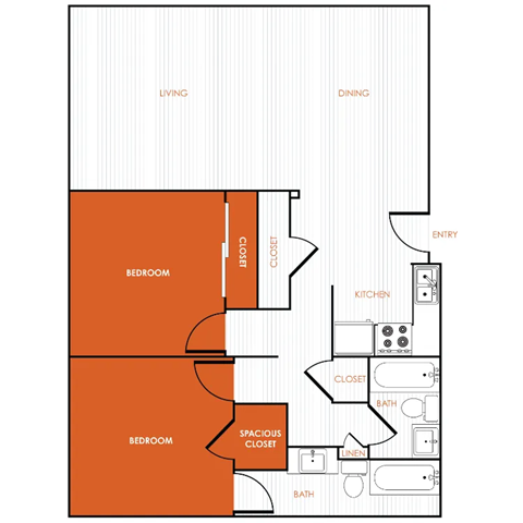 Floor plan for 2 beds, 1 bath, 972 sqft