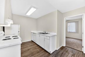 San Diego apartment for rent - Apartment kitchen with white appliances, wood-style vinyl plank flooring, and an overhead light.