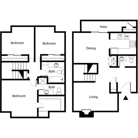 Floor plan for 3 beds, 2.5 baths, 1334 sqft
