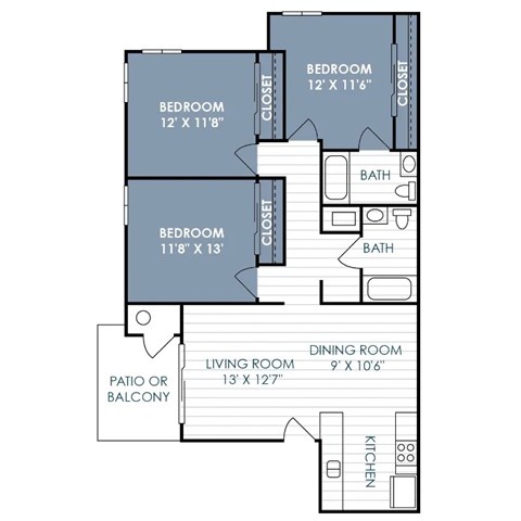 Floor plan for 3 beds, 2 baths, 1120 sqft
