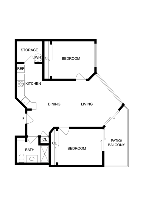 Floor plan for 2 beds, 1 bath, 836 sqft