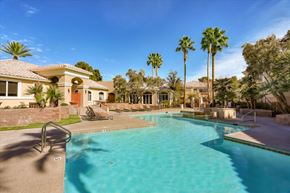 Las Vegas apartment for rent - Huge resort-inspired swimming pool with palm trees and view to community exterior.