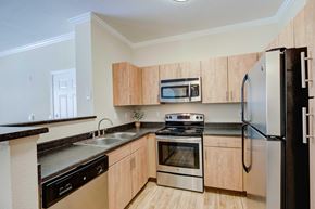 Denver apartment for rent - A kitchen with wooden cabinets and stainless steel appliances.